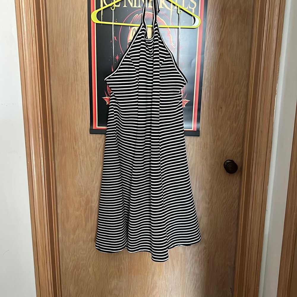 Black and White Striped Halter Dress